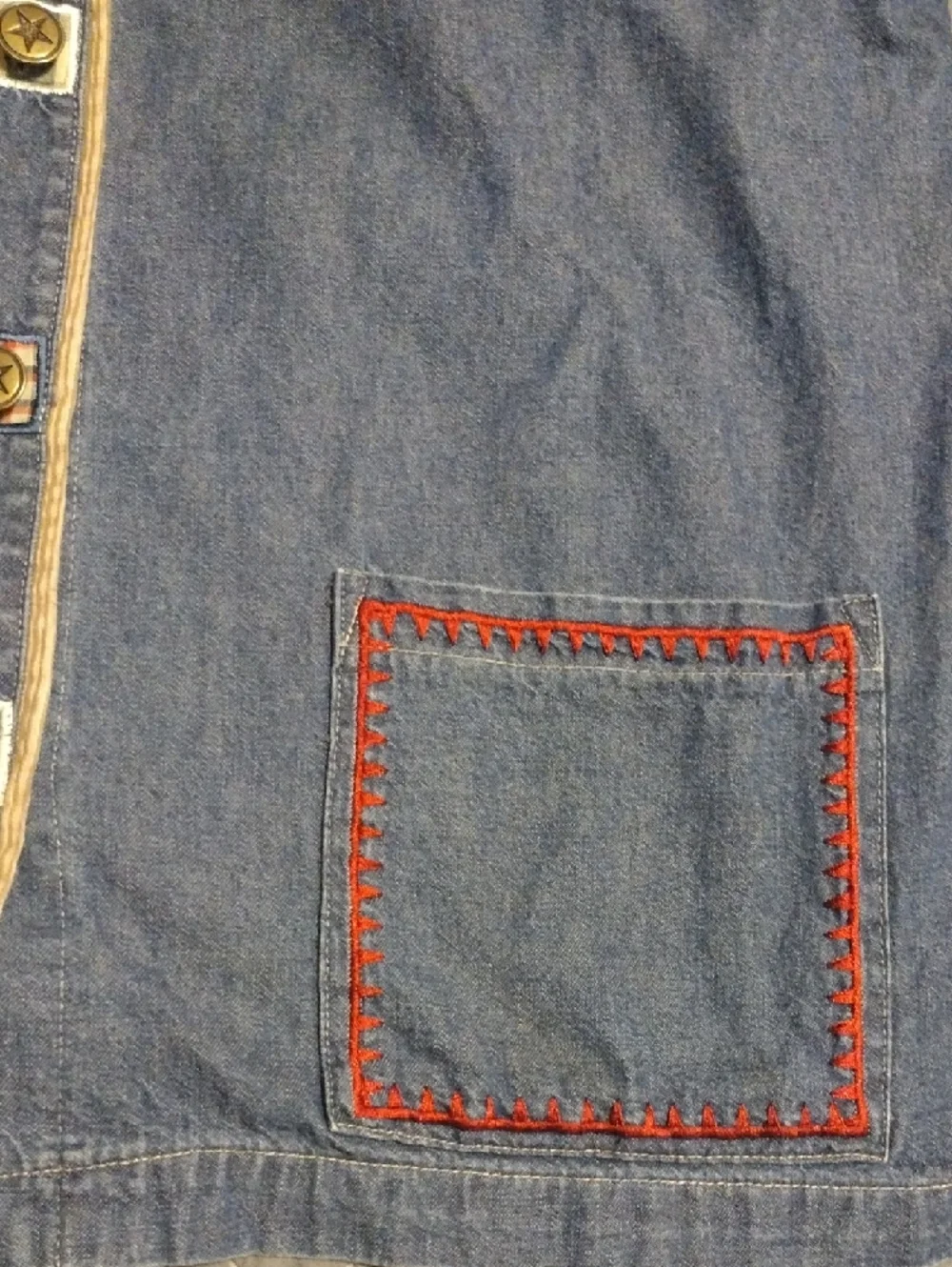 Vintage Teddi Blue Denim Jacket with Tan Corduroy Collar and Red Stitching - Picture 9 of 14